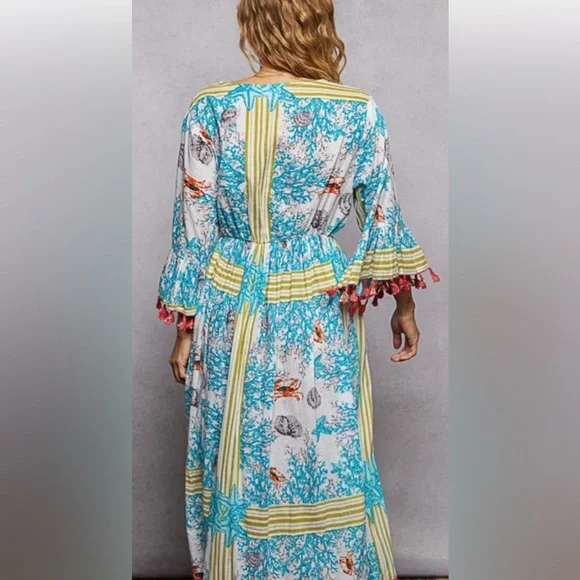 POL / Gorgeous.. Brand New Boho Aqua Print Maxi Dress with Red Tassels - Picture 3 of 6